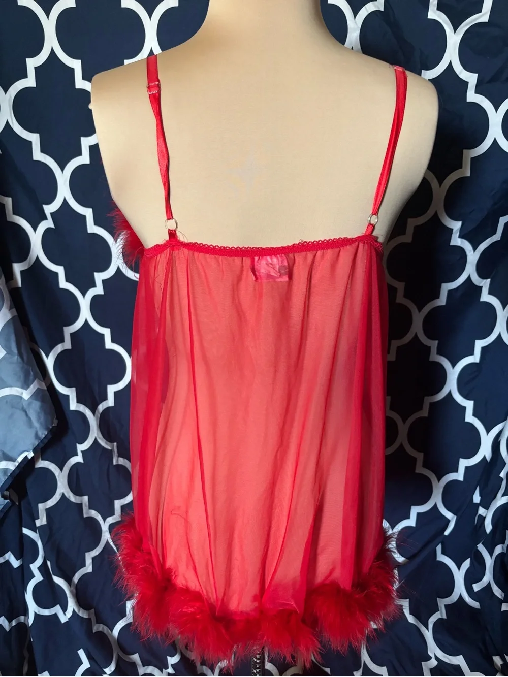 Elegant Moments Red Sheer Feather-Trim Babydoll Chemise